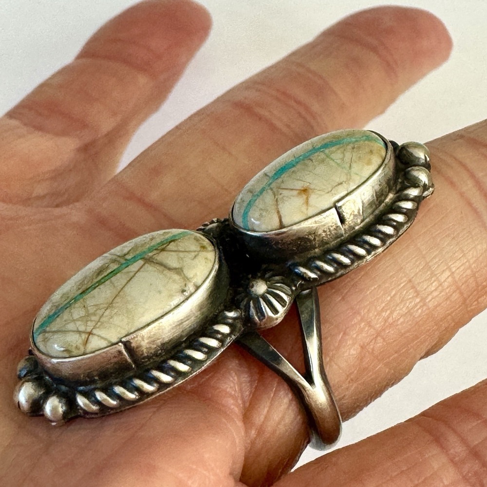 Navajo Ribbon Turquoise Ring 2 Stone Size 7 Signed R Shakey Long Sterling - Picture 5 of 7